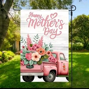 Pink and Green Holiday Decor Garden Flag with Floral Vintage Truck